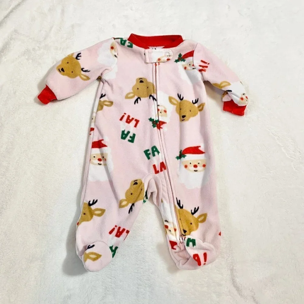 5/$25 Carter's Fleece Footed Sleeper NB Pink Santa Reindeer‎ Christmas Pajamas